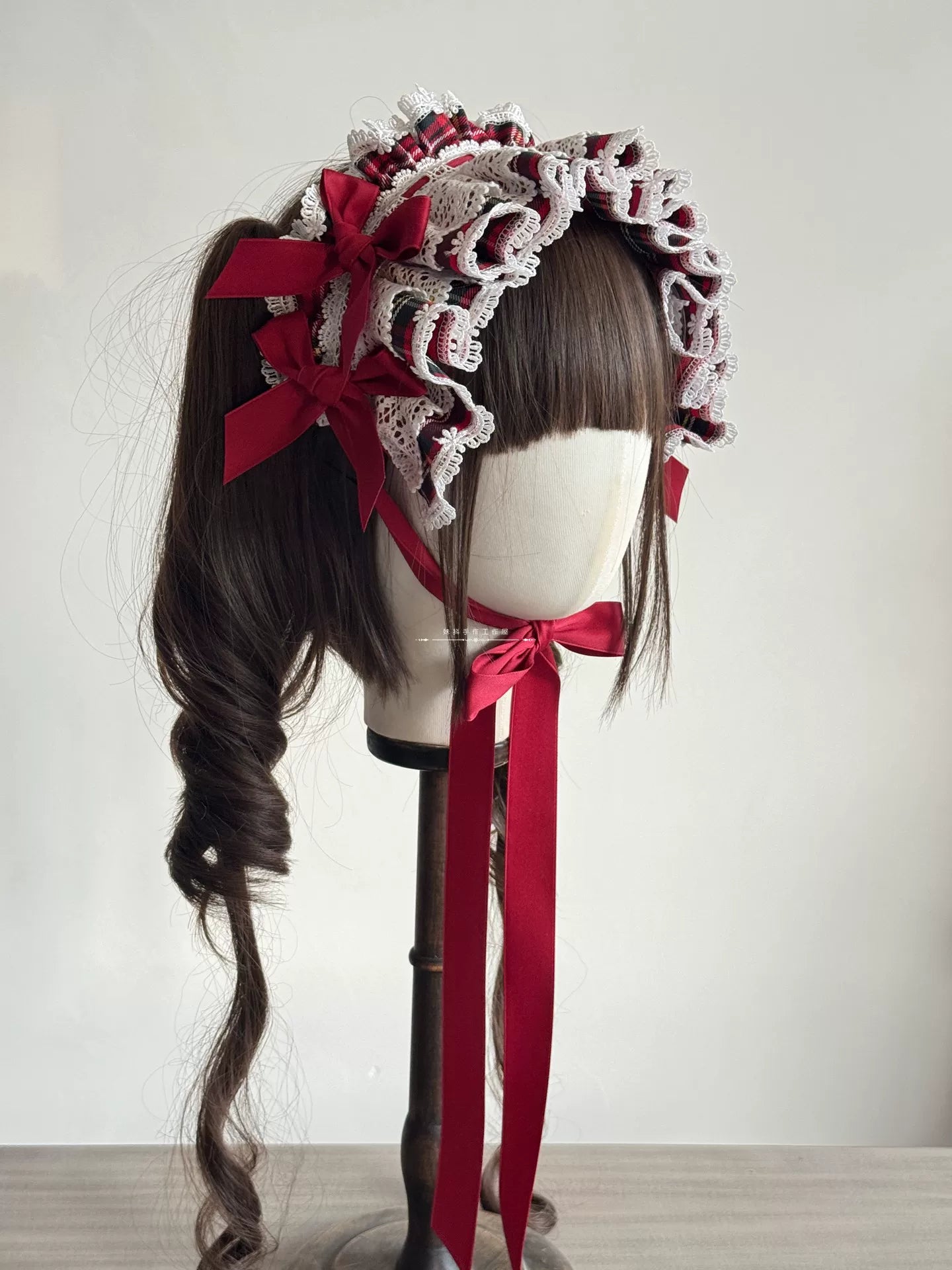 Red Plaid Lolita Headdress, Wire-edged Bunny Ear BNT Headband