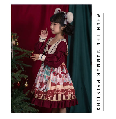Eieyomi~Kid Lolita Kawaii Bear Print Burgundy Dress Christmas   