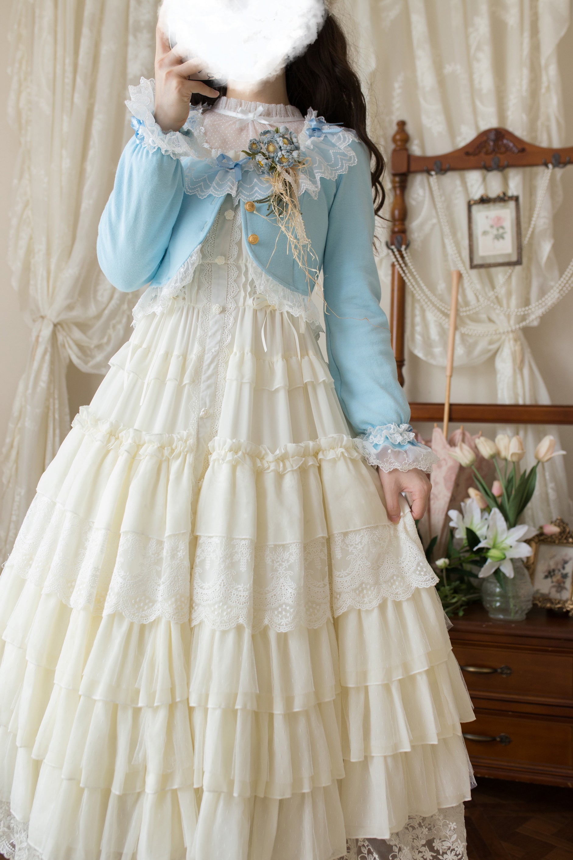 Unideer - Prelude - Elegant Lolita Bolero Jacket with Lace Ruffle Frill Light blue bolero jacket only S