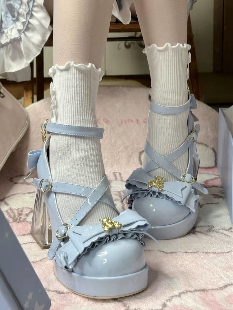 Meng Ka Jiang - Dreamy Bear - Sweet Lolita Shoes, Transparent Heel With Embedded Bear Blue 34