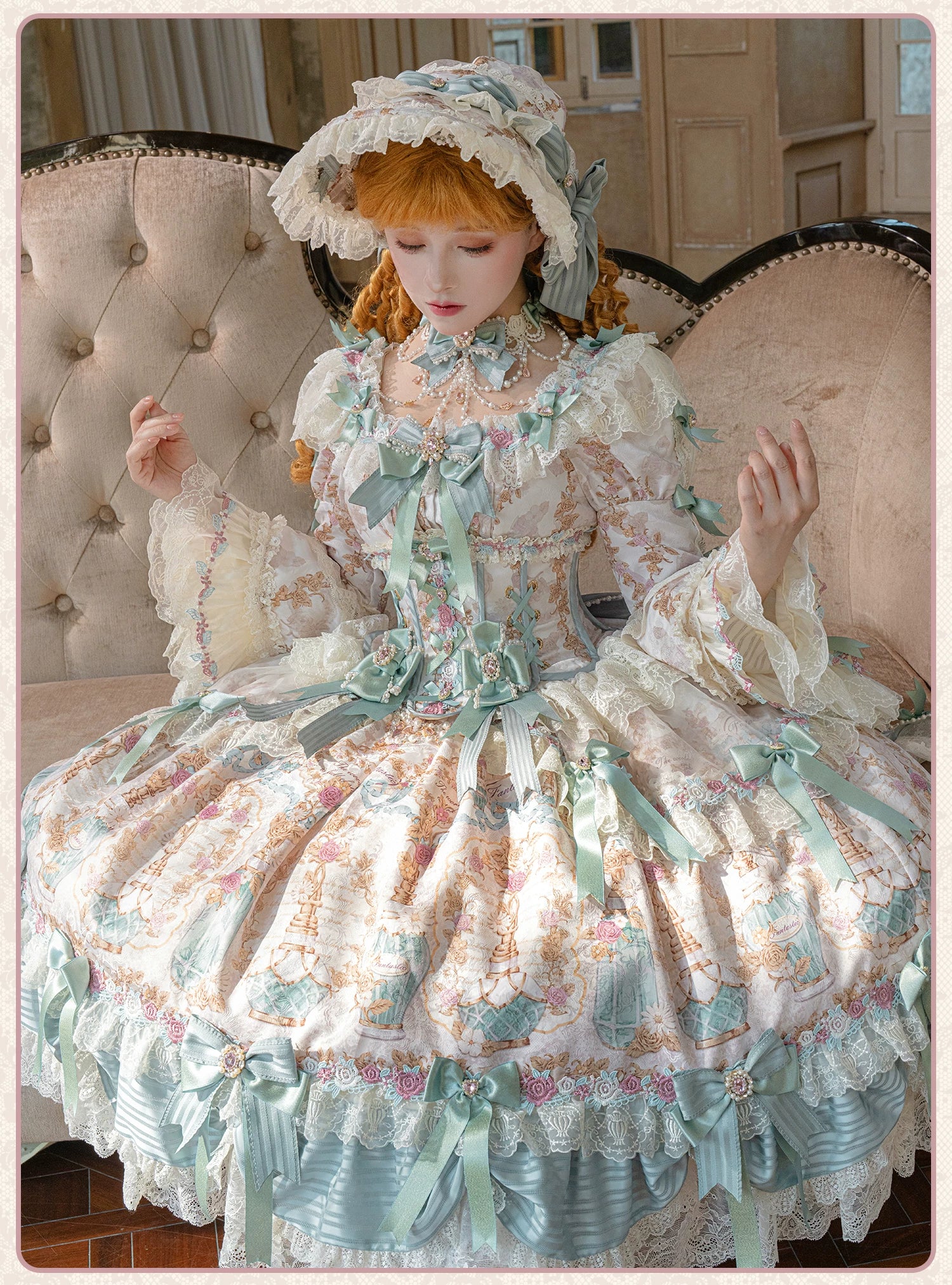 Antique Gem Fragrance - Gorgeous Classic Lolita Dress Set, Floral and Bottle Print 45483:851732
