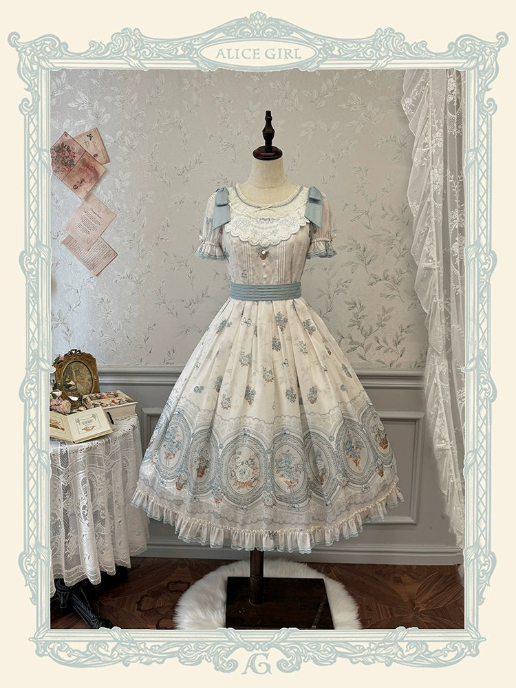 Alice girl~Night Rose~Elegant Lolita OP Dress Floral Print Dress Short Sleeve white and blue long OP XS 