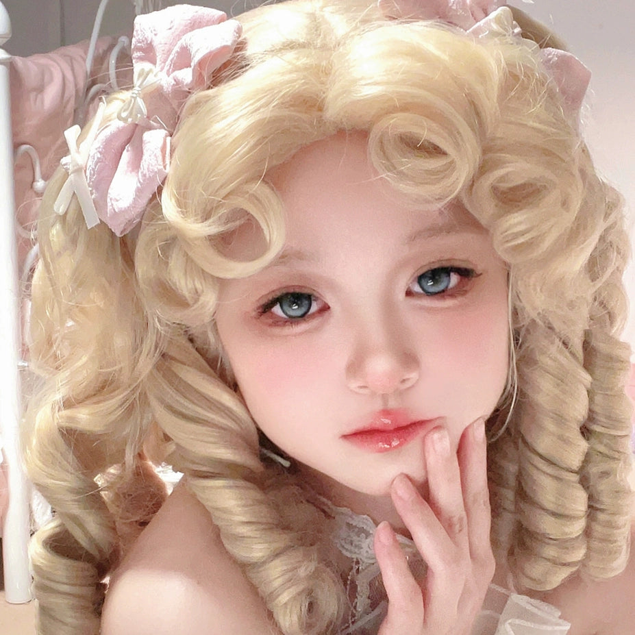 Mabuxi~Elizabeth~Light Gold Doll Lolita Wig Kawaii Roman Curls Ponytail   