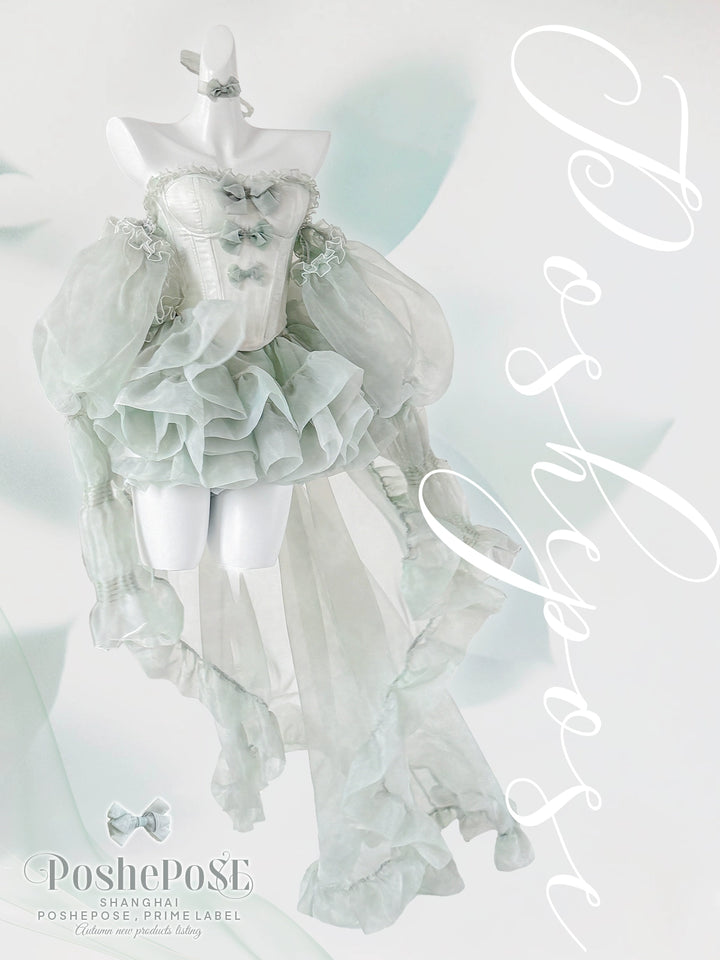 POSHEPOSE~Cherie Green~Sweet Lolita JSK High-end Full Set Puffy Sleeves Trailing Dress S Green 