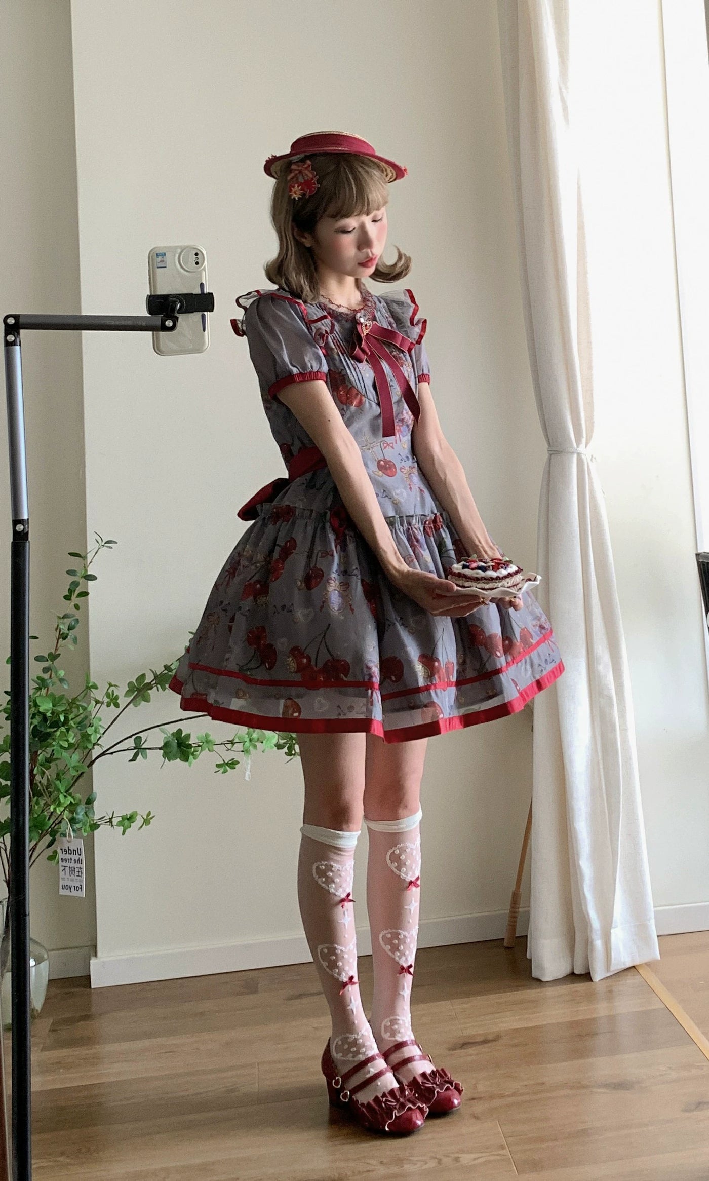 (Buy for me)Gloaming~Sweet Lolita Cherry print Short Sleeve OP and SK Set   