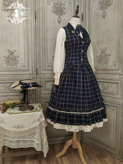 (BFM)Miss Point~Rose~Elegant Lolita Fishbone Grid Skirt Customized XS dark blue grid 