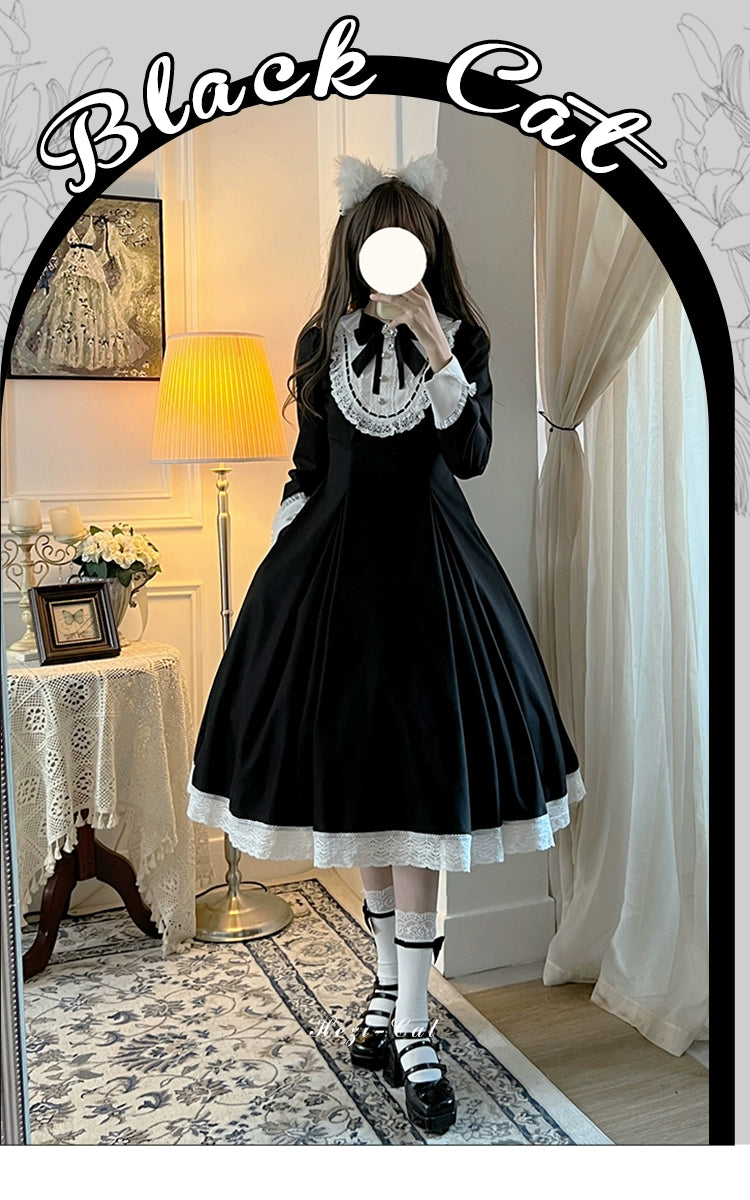 Hezi's Cat Haven~Black Cat Butler~Maid Lolita OP Dress Elegant Black and White Dress