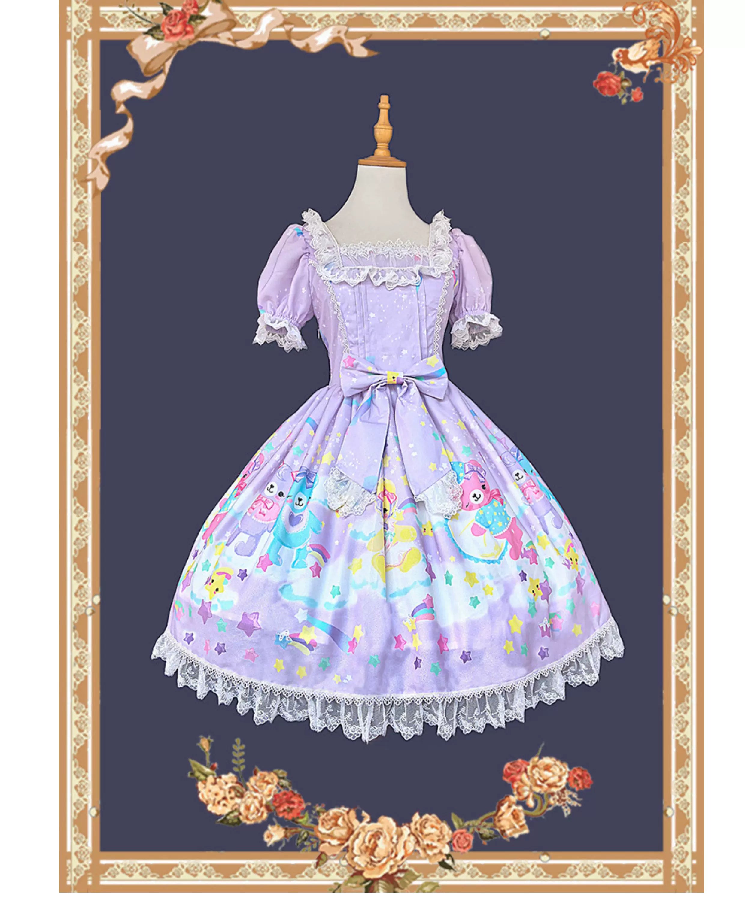 Sleepy Bear - Kawaii Lolita Bear and Star Printed Dress (L M S XL / Pre-order) 45663:857670