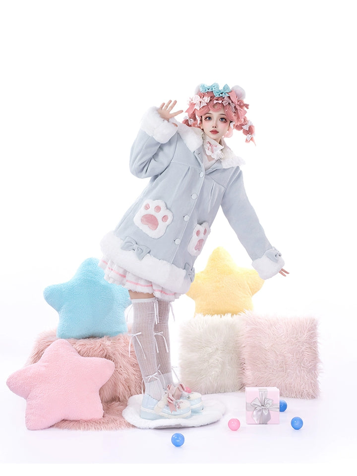 ZhiJinYuan~Calico Cat~Kawaii Lolita Plush Coat Lovely Warm Winter Coat S Blue coat only