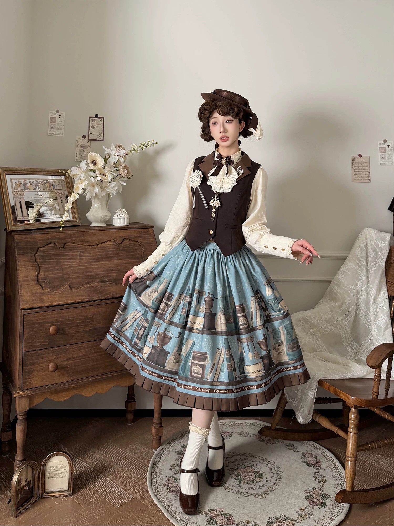 Coffee Bookshelf - Classic Lolita JSK and SK Set, Coffee Cup and Book Print 45611:856234