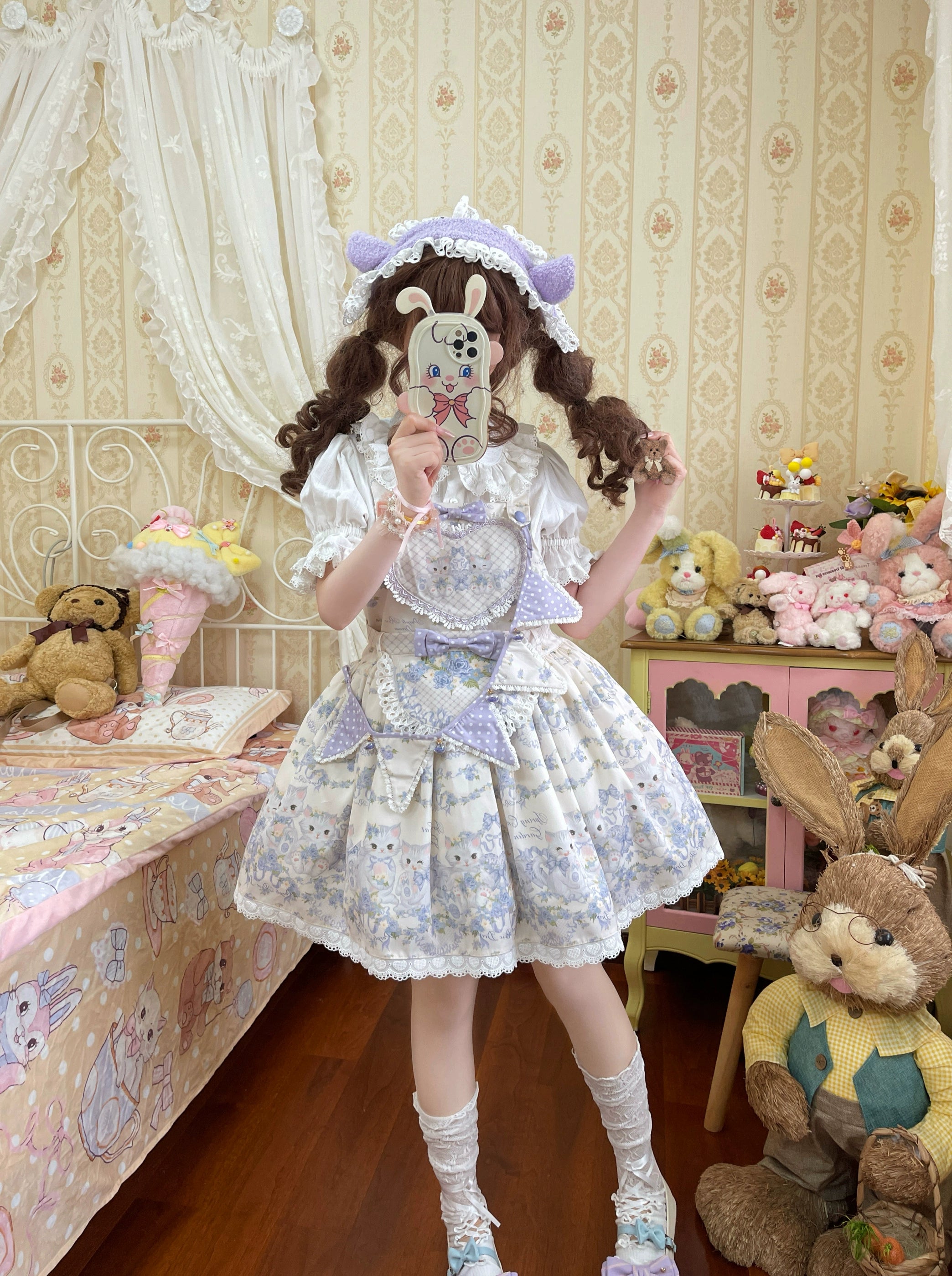 Akiyama Future Studio - Rose Cat - Sweet Lolita Salopette Floral Print Dress One Size Apron only
