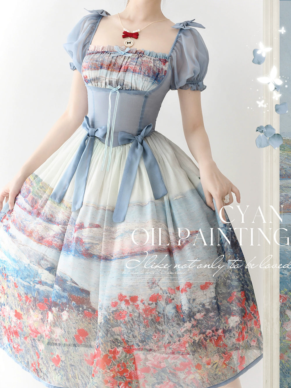 (BFM)Lo-cyan Lolita~Island Garden~Elegant Lolita OP Dress Oil Painting Print V-Waist Bow Dress   