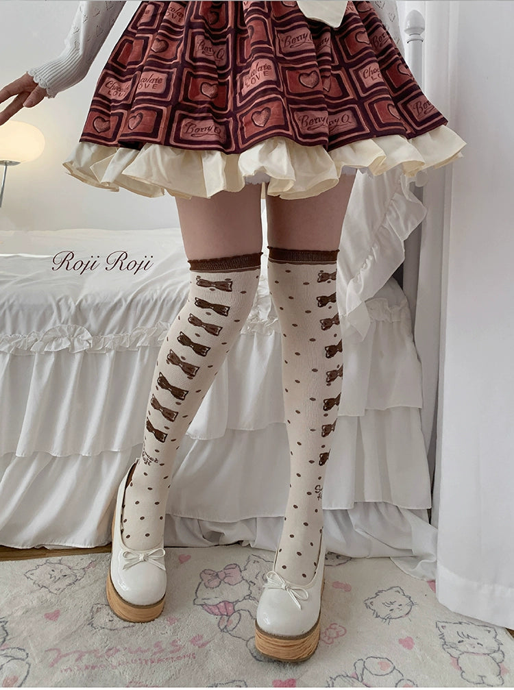 Roji Roji~Winter Lolita Thigh High Socks Slim Leg Socks Free size Brown and coffee bow print 