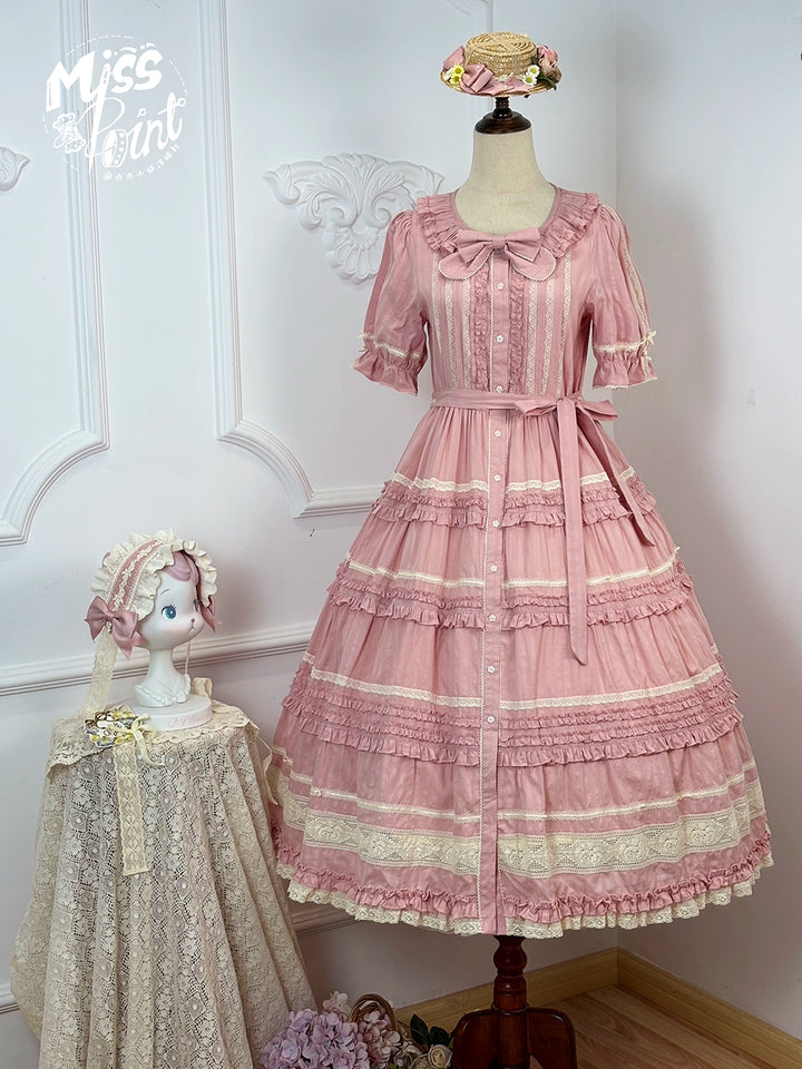 Miss Point~Cat Rose Tea~Elegant Lolita OP Open-front Short Sleeve Tiered Dress (2XL L M S XL XS) 42135:727837