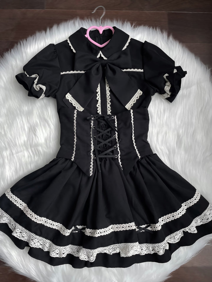Mengfuzi~Doll Heart~Gorgeous Lolita Dress Vintage OP Cape Set S Black and white short sleeve suit 