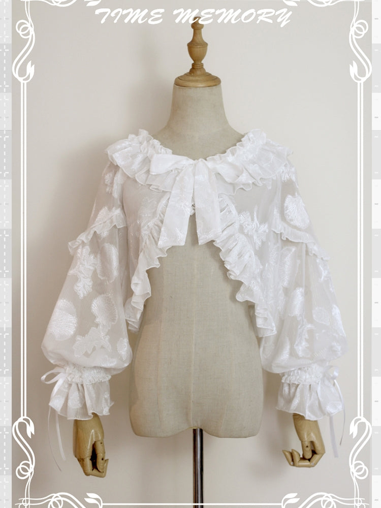 Time Memory~Xianbei~Sweet Lolita Chiffon Lantern Sleeve Cardigan with Bow S white 