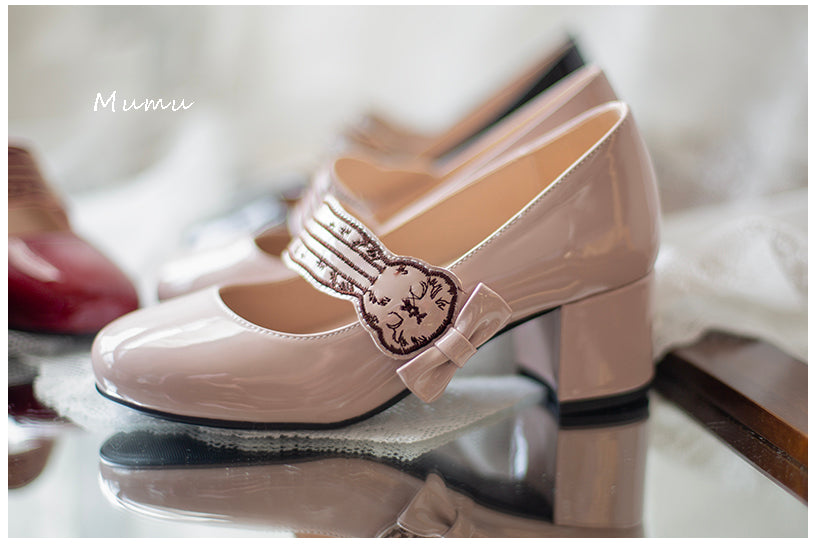 Mumu~Embroidery Rabbit~Kawaii Lolita Mid-Heeled Bows Shoes Multicolors beige 34 