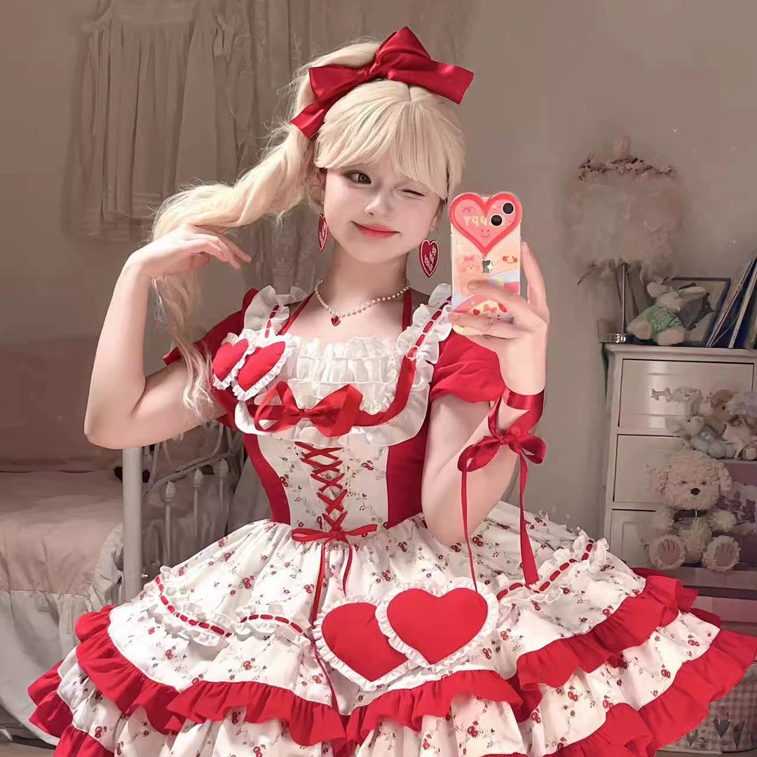 Platycodon House~Sweet Diary~Sweet Lolita OP Dress Red White Floral Print   