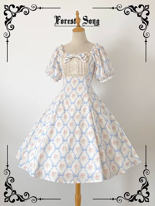 Forest Song~Pastoral Poem~Elegant Lolita OP Dress Floral Print 6-Piece Cut Lolita Dress S White Blue Bow OP 