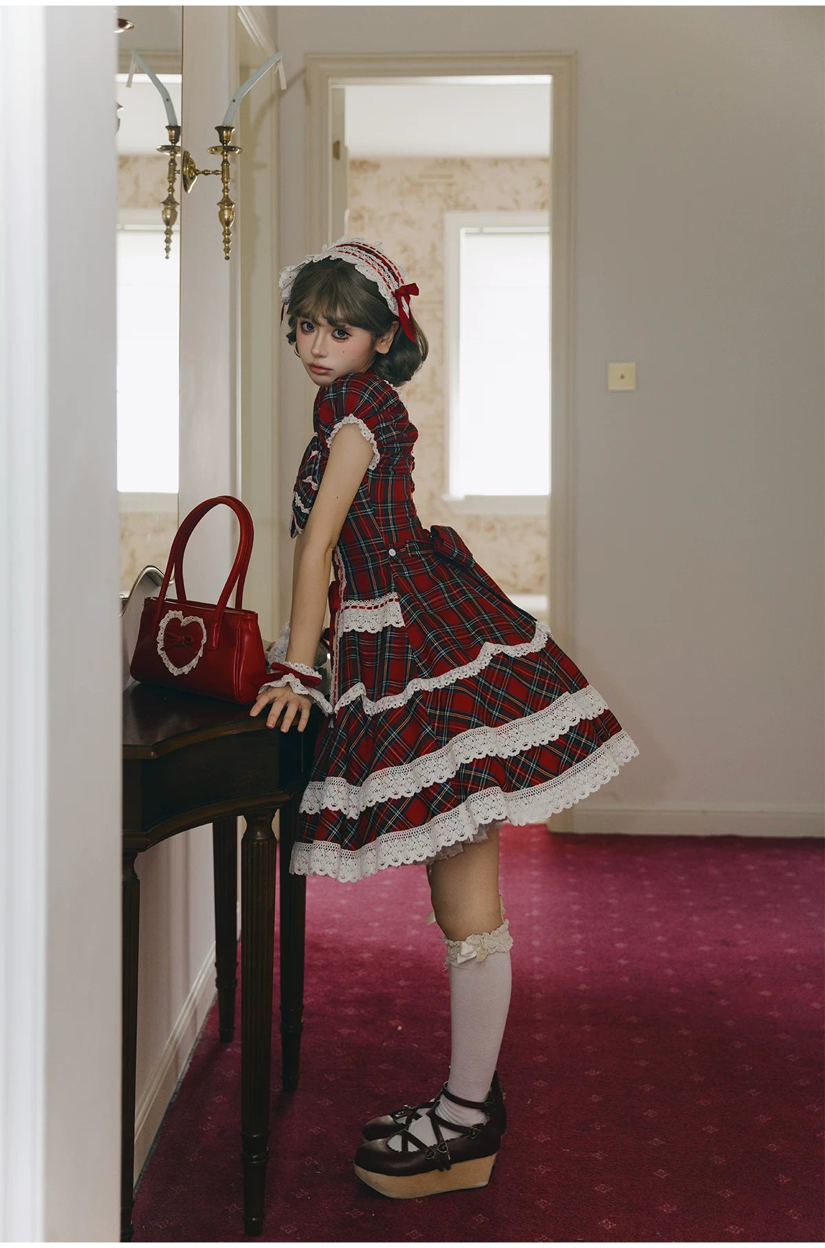 Showa Sweetheart - Old School Lolita OP Dress, Ruffled Lace Hem 45887:866796