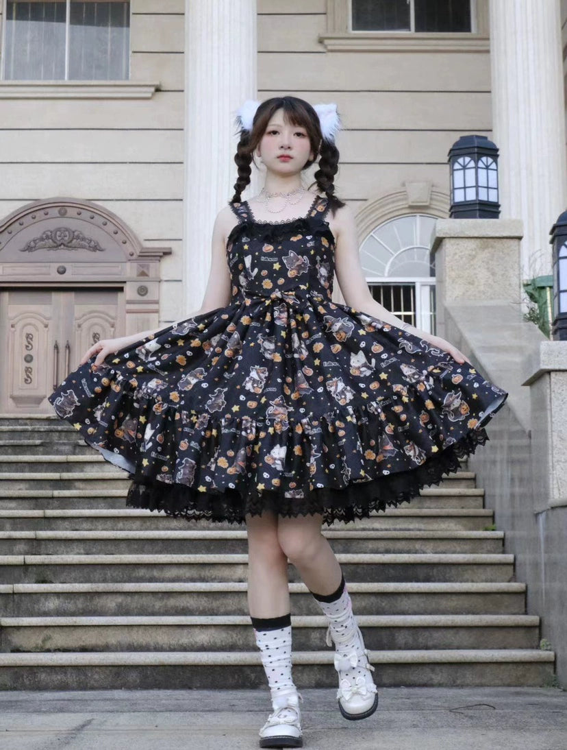 (Buyforme)Strawberry Alice~Mew Mew Witch Halloween Cat Print Lolita JSK   