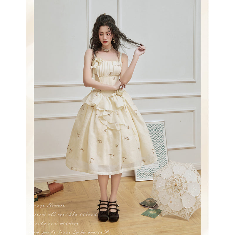 LIULI LSLAND~Elegant Lolita High Waist Beige Fishbone Dress free size long fishbone dress 