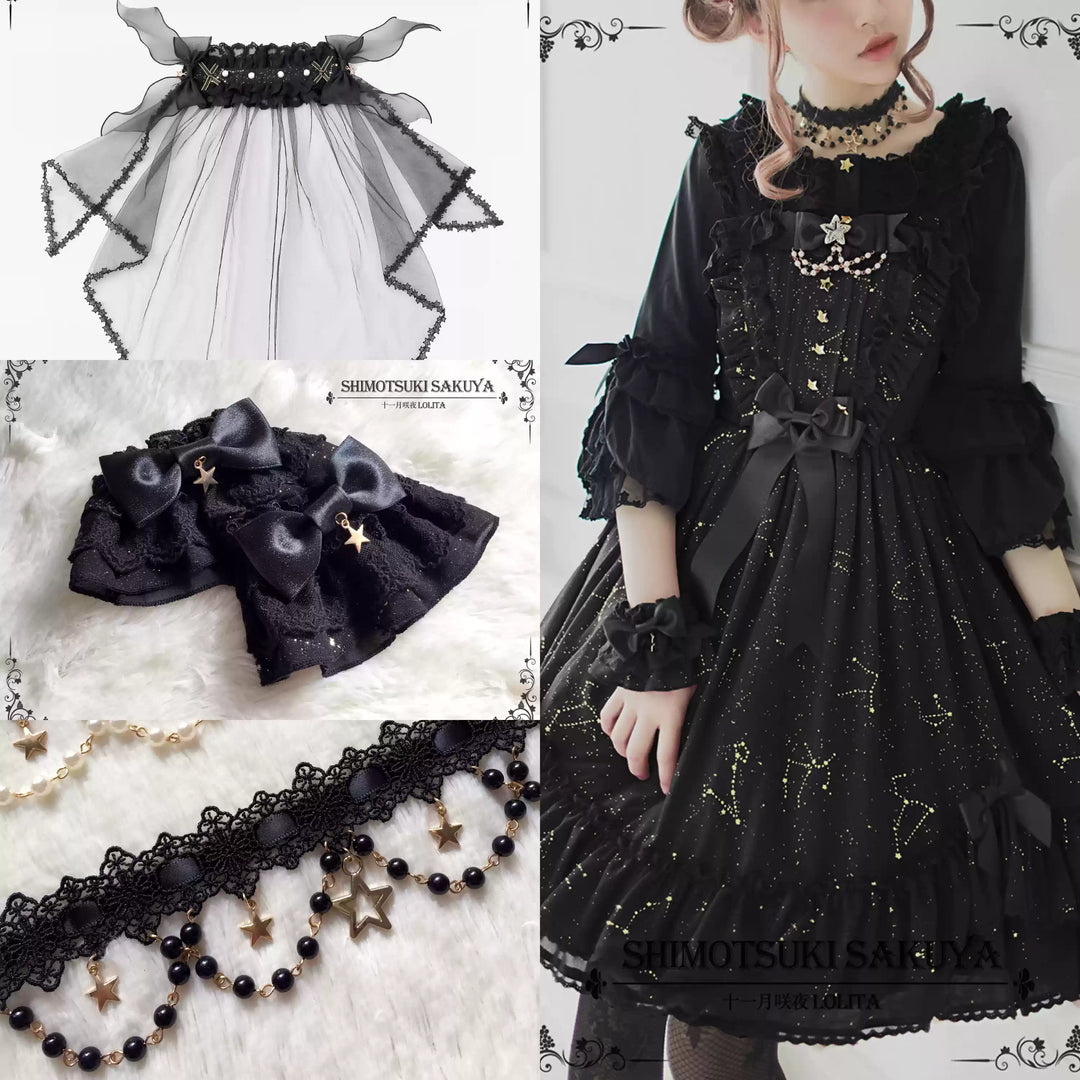 Sakuya Lolita~Whisper Of Stars~Constellation Foil Printing Elegant Lolita High Waist JSK Dress Black Regular Waist JSK+ Veil + Cuffs + Choker Star Lace Hem Dress (without blouse) 