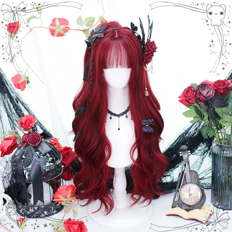 Dalao Home~Burning~Wine-red Long Curly Lolita Wig wine-red wig with hair net  