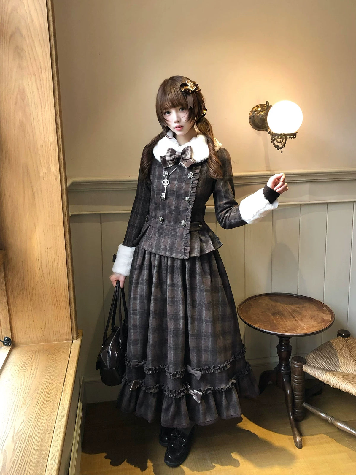 Filled Chocolate - Winter Classic Lolita Plaid Coat Set, Detachable Plush Collar 45900:867140
