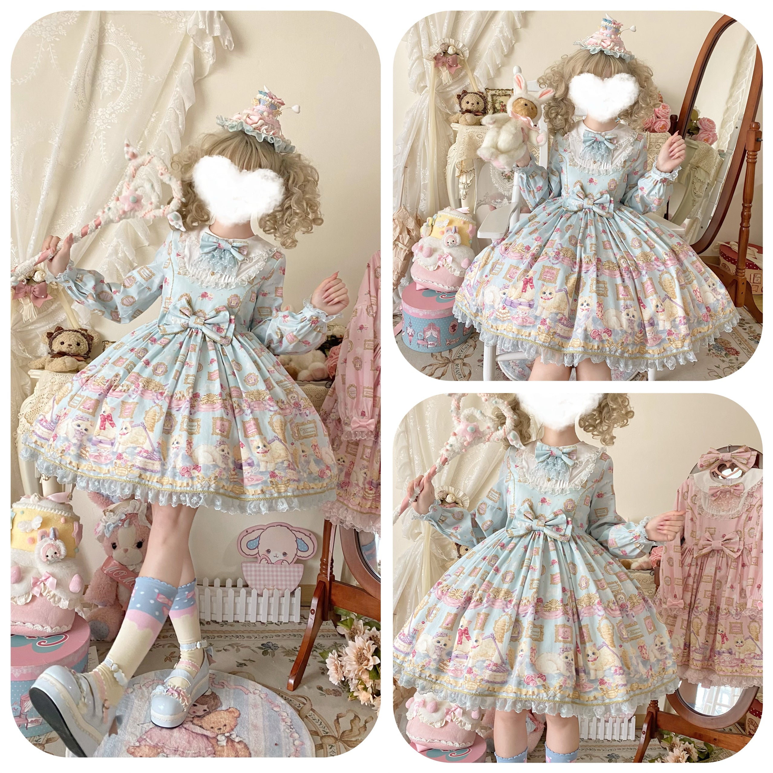 Discovering Treasures - Picture Frame Cat - Kawaii Lolita Dress Suit Cat Print JSK and OP 42605:746443