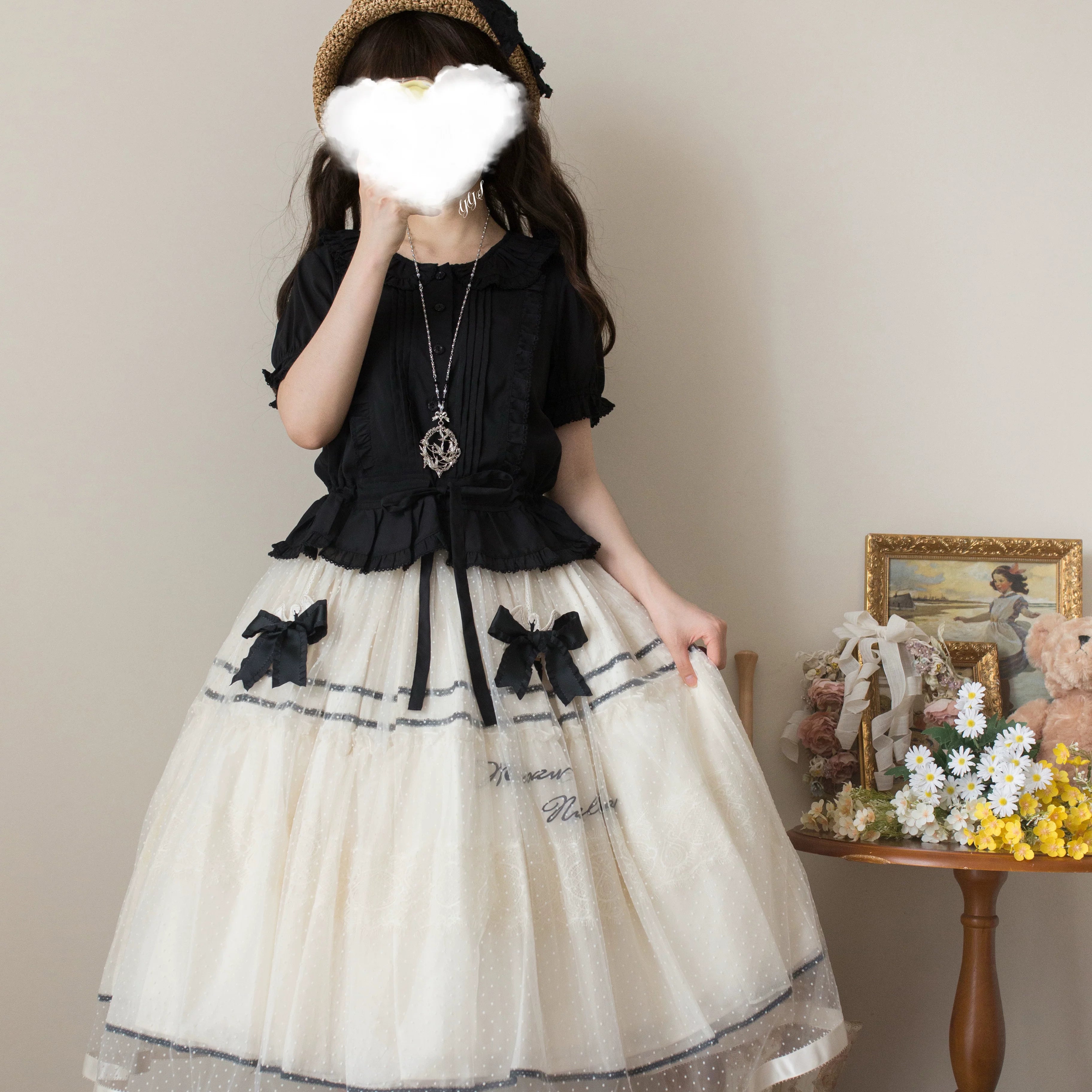 EverSpring - Short Sleeve Sweet Lolita Shirt, Peter Pan Collar 44735:820618