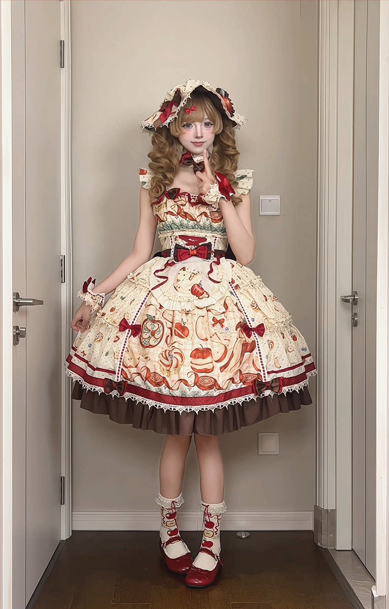 Maple Apple Tart - Sweet Lolita JSK Dress Set, Apple Pie Print 46100:875117