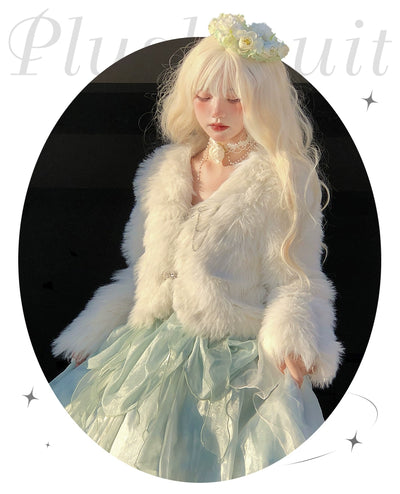 Urtto~Snow Song~Winter Lolita Coat Faux Fur Warm Plush Set   
