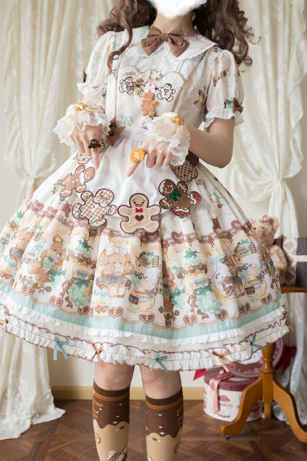 Babyblue~Little Bear Honey Jar~Kawaii Lolita Short Sleeve OP Gingerbread Man Embroidered Dress 40362:656844