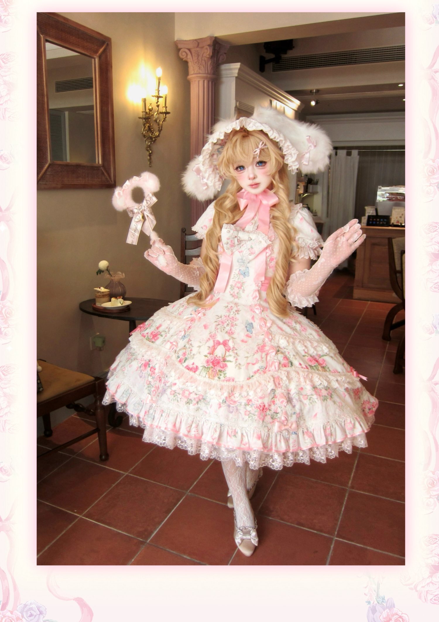Eternal Vow - Old School Lolita Jacquard OP, Floral and Butterfly Print 45830:865754
