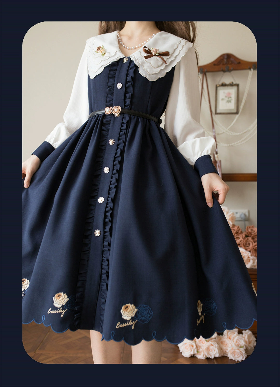 EESSILY~Window Rose~Classic Lolita OP Front Buttoned Embroidery Lolita Dress