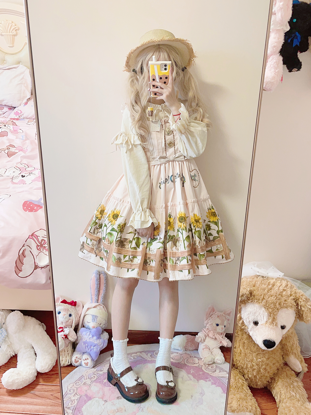 Polaris Lolita - Cat and Sunflower - Sweet Lolita JSK Cat and Sunflower Print Dress and Headdress Set 36738:526378