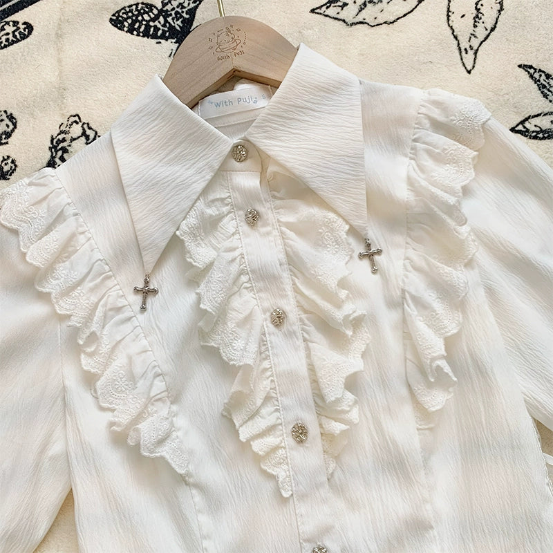 With PUJI - Black White Gothic Lolita Blouse, Waist Lace-Up