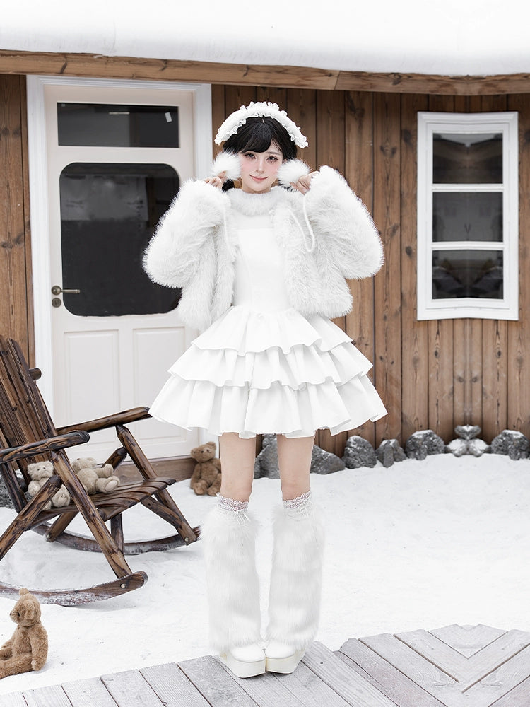 With PUJI - White Choco - Winter Kawaii Lolita JSK Dress Set, Fluffy Accents 44246:801069