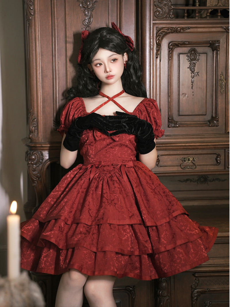 Eieyomi~Elegant Lolita Short Sleeve Red Dress