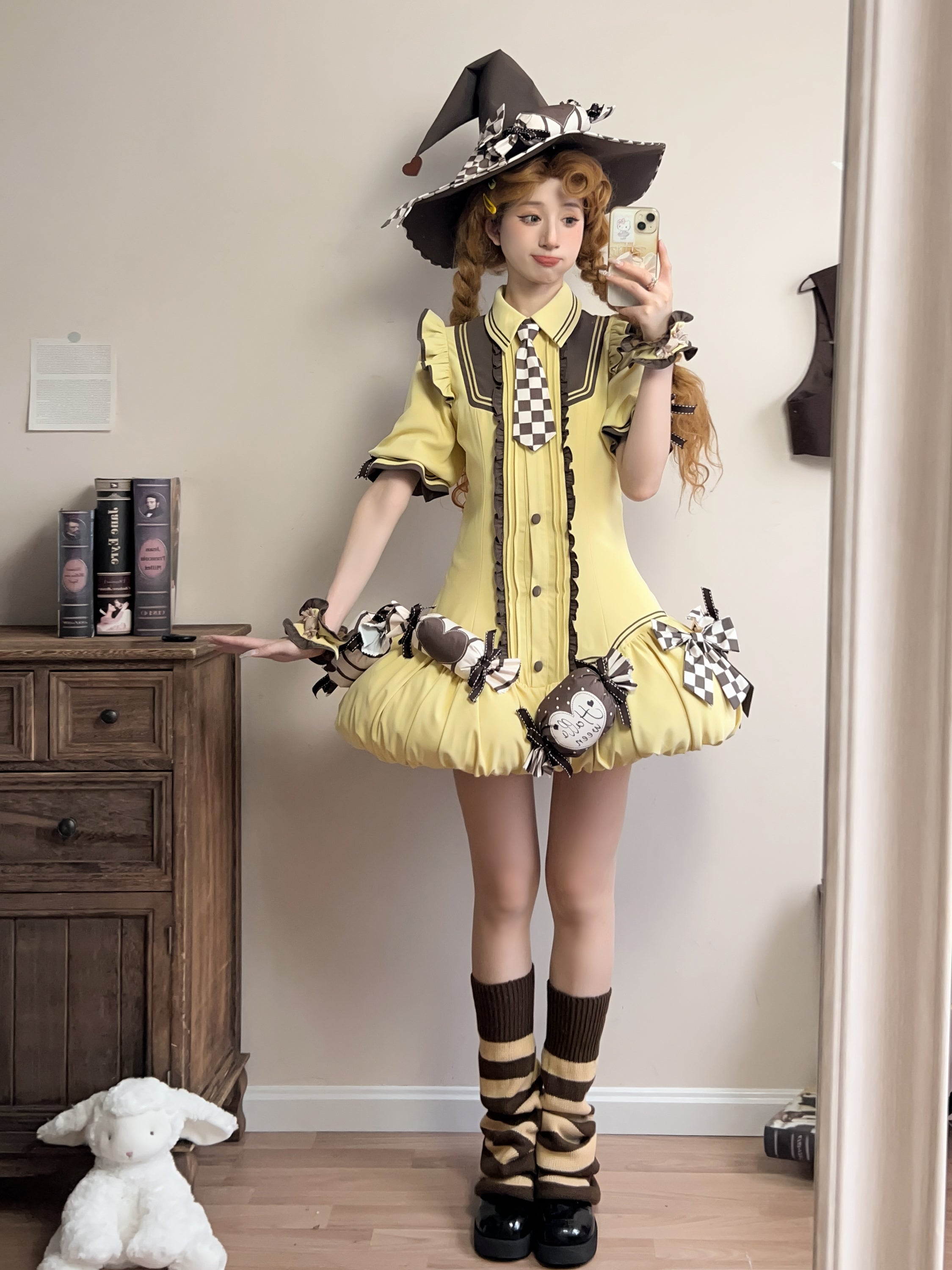 Piggy Bun- Witch Paradise - Kawaii Lolita OP Witch Themed Dress with Pointed Hem Vest OP (with candy decoration and a necktie) XS