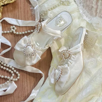 MR.Qiutian~Muller ballet~Elegant Lolita Shoes Round Toe Mid Heel Shoes Pearl white 35 