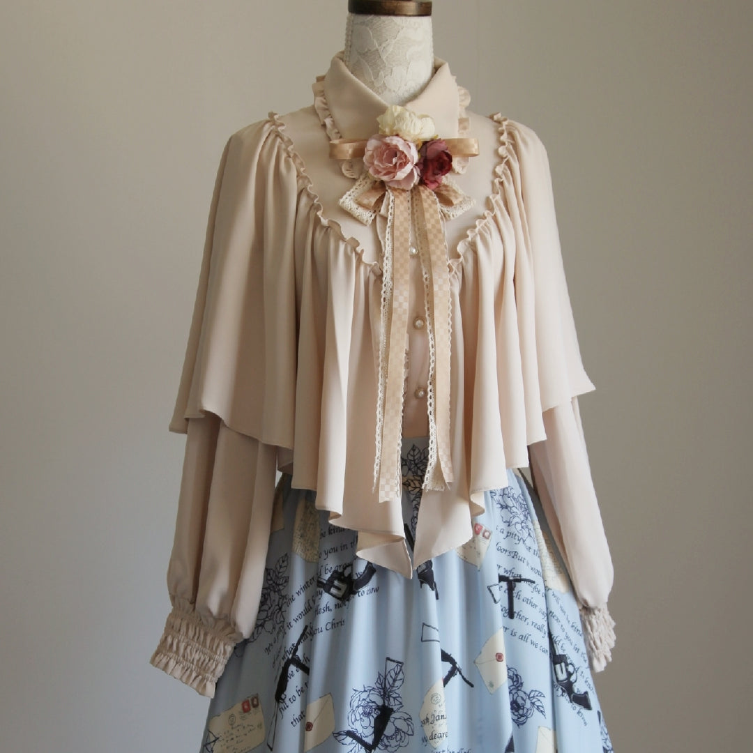 VTGDOLL~World War II love letter~Elegant Lolita Shirt and Lolita Painted SK S cloak shirt light coffee