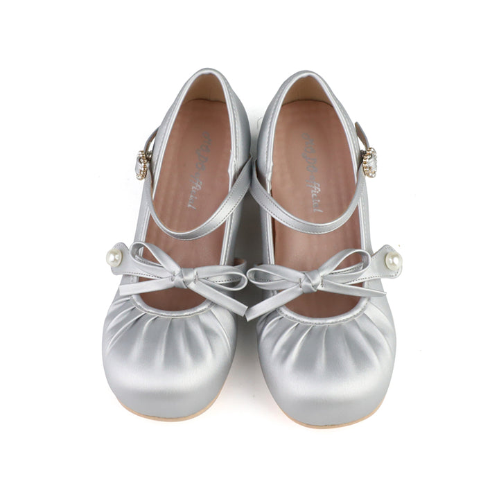 MODO~Glimmer Ballet~Elegant Lolita Shoes Low Chunky Ballet Round-toe Heels Silver 35