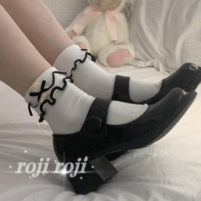Roji Roji~Lolita Bow Lace Sweet Short Socks free size black 