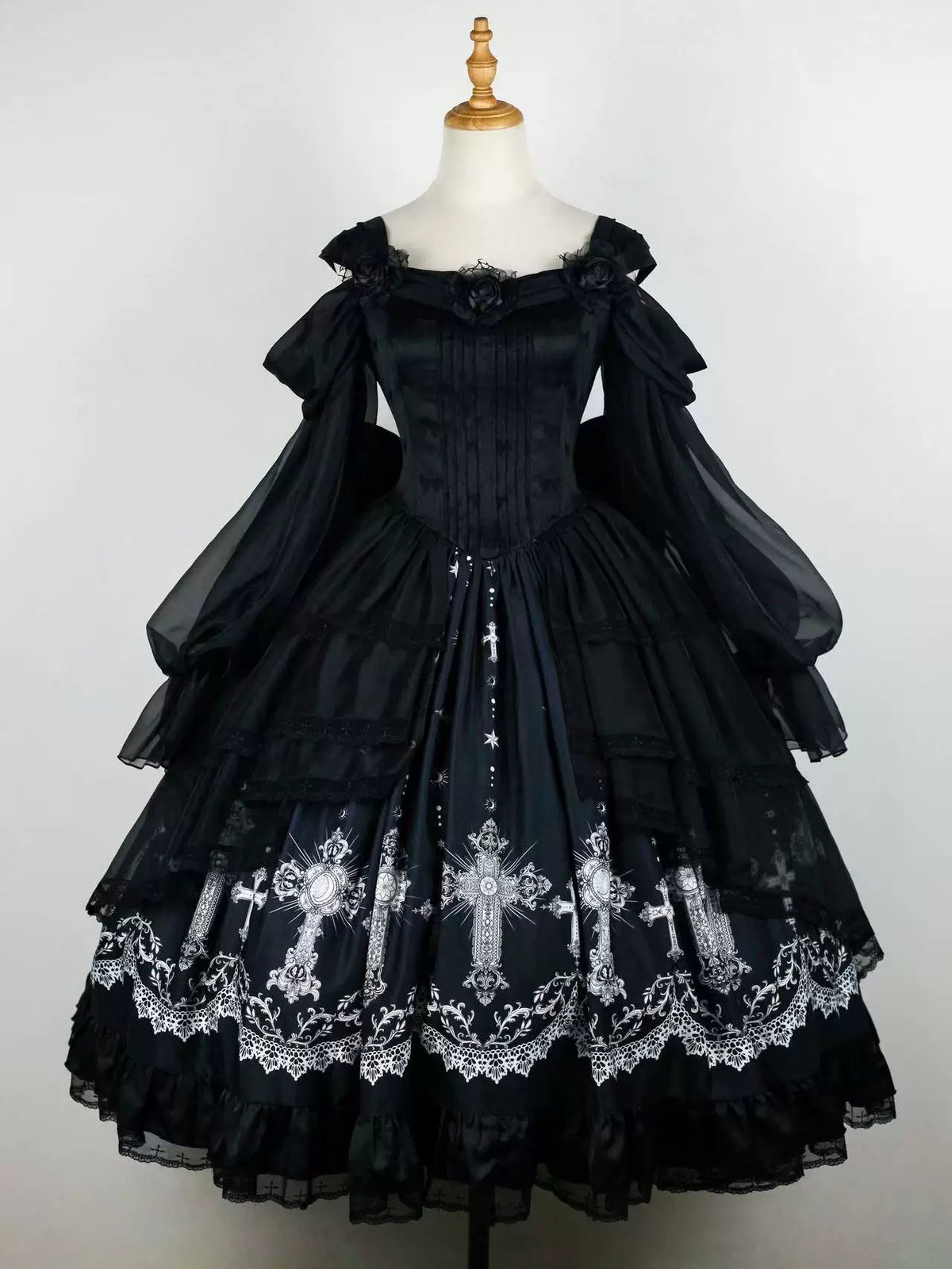 Star Remains Prayer - Elegant Gothic Lolita JSK & OP Dress Set, Cross & Moon Prints 46014:872454