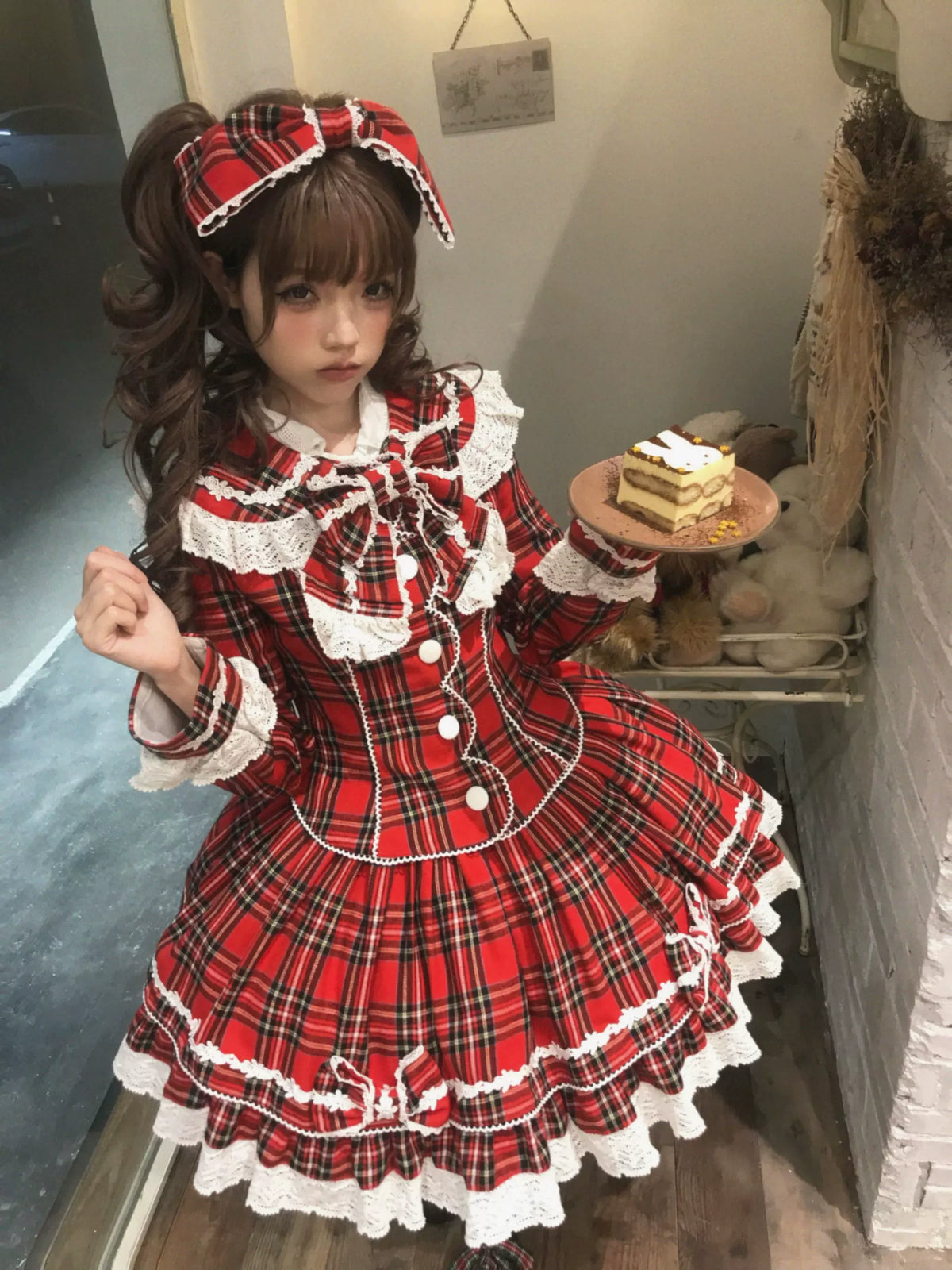 Christmas Knot - Christmas Old School Lolita Jacket & Skirt Set, Red Plaid 46051:873303