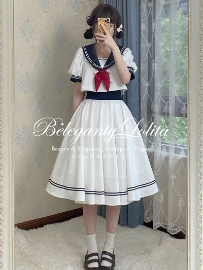 (Buyforme)Beleganty~Vintage Sailor Style Skirt Set Sea and Wind XS white top 