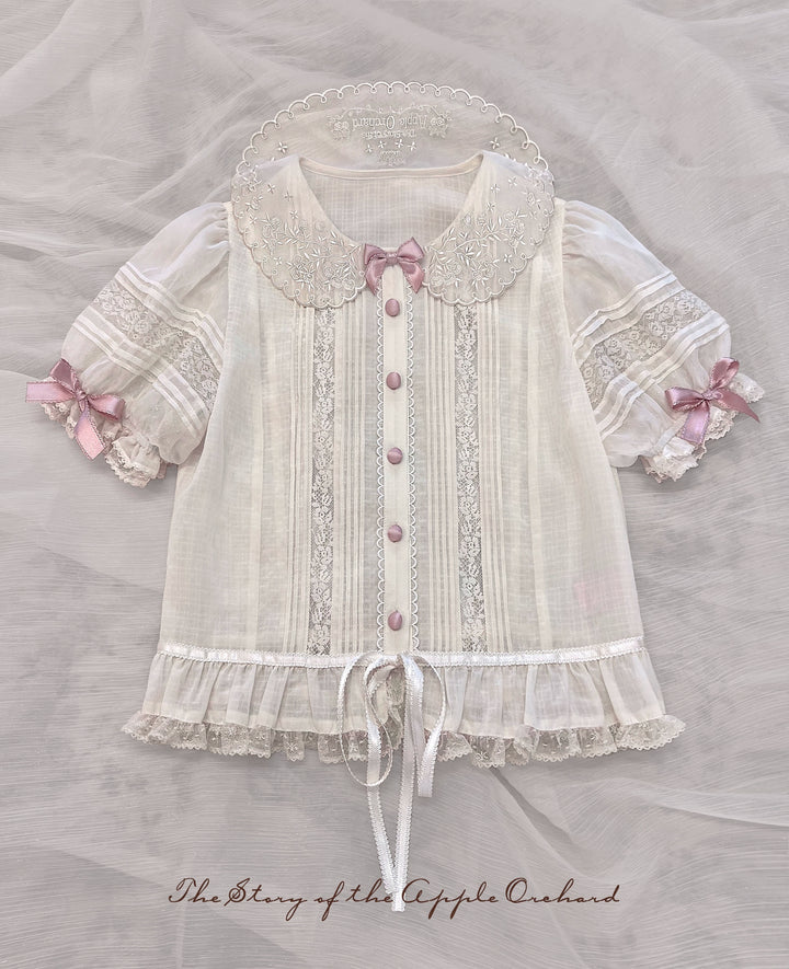 ZUOlanrichen~Puppet Show~Sweet Lolita JSK Dress Puff Sleeves Lolita Shirt S Beige · pink apple shirt 
