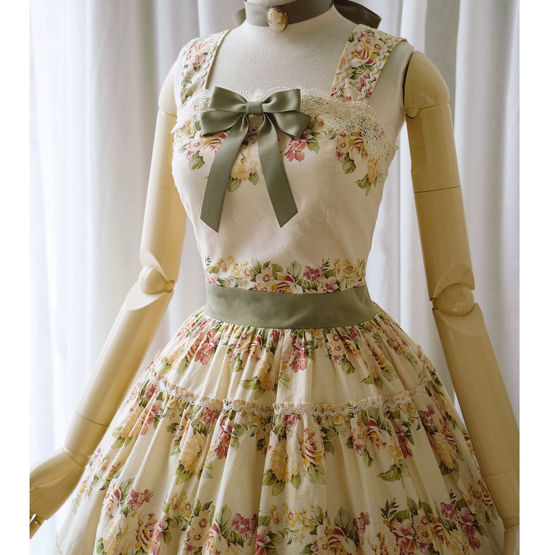 Surface Spell - Blooming Roses Over a Porch - Cotton Elegant Lolita JSK Dress, Floral Print